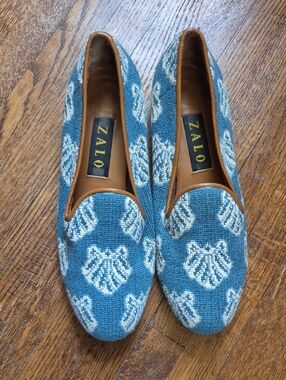 Zalo Blue Knit Patterned Women's Loafers Handmade In SPAIN.